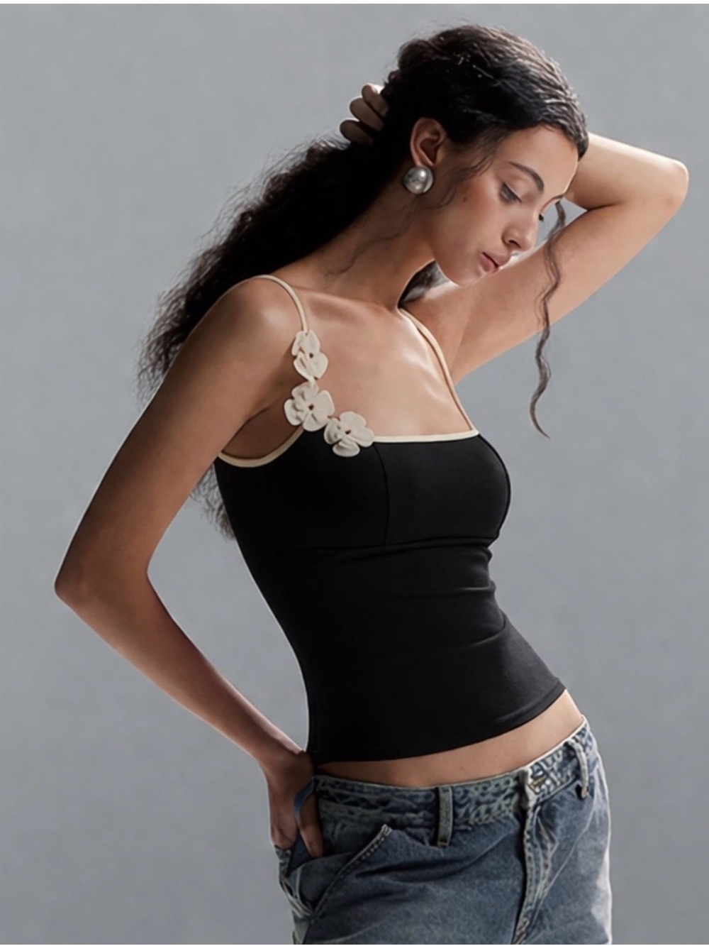 Commense Black Floral-Trim Slim Cami Tank Top
